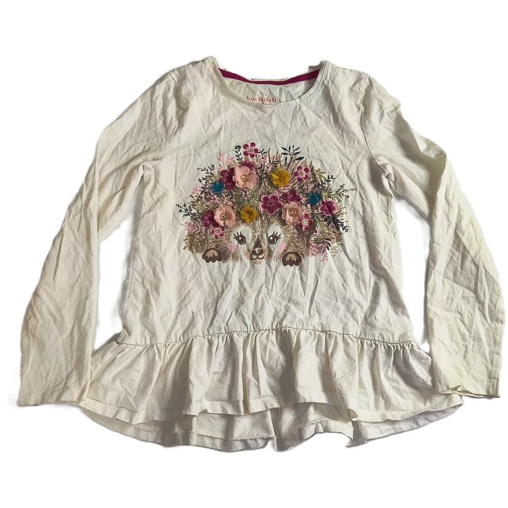 Isaac Mizrahi Girls Shirt Ruffle Hem Sequin Flower Long Sleeve White Sz 7-8 G001 - Picture 7 of 7